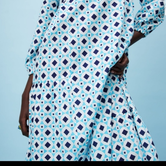 Zara L Blue White Aztec Sleeves Cotton Maxi Dress - Picture 5 of 10